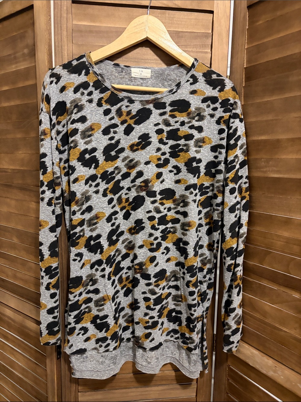 T.La Grey Crewneck Sweater with Black and Gold Leopard Print